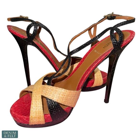 Fendi Tri-Color Raffia & Snakeskin Slingback Platform Sandals 38.5 / US 8.5 - Picture 4 of 12